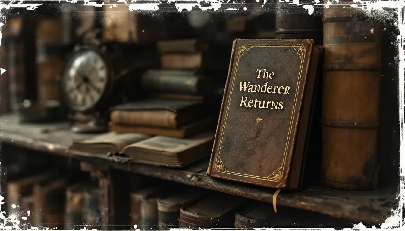 Vintage wooden bookshelf with four classic books, featuring the center title ‘The Wanderer Returns.’