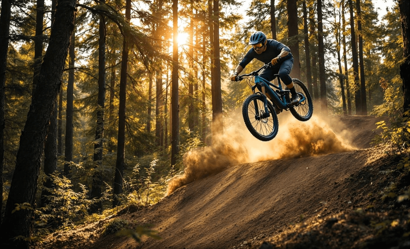 Mountain biker airborne, preparing to land on a dirt ramp, captured as a dynamic, AI-generated cinematic sports frame