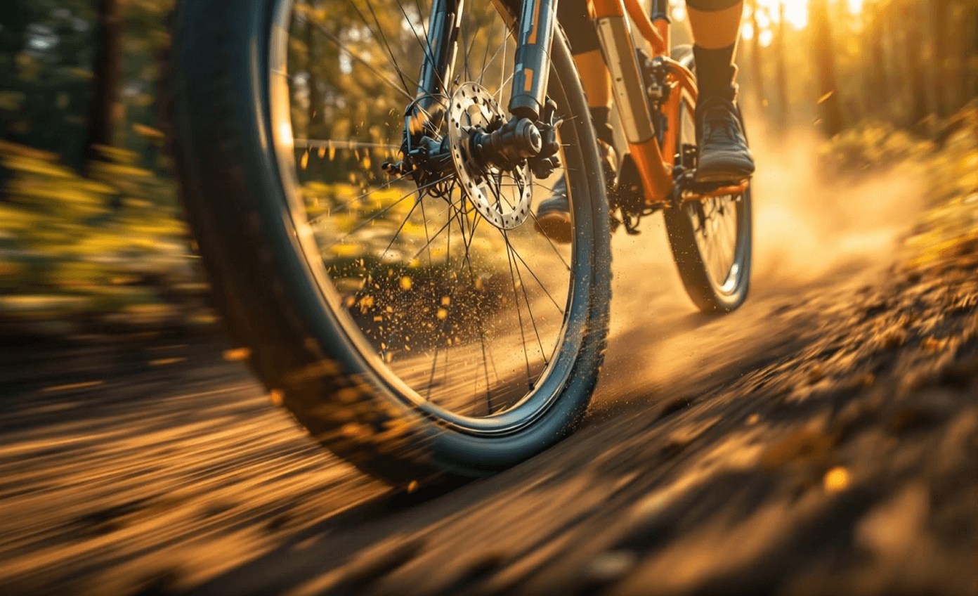 Close-up of a mountain bike’s lower frame and wheels speeding along a forest dirt trail, captured as a dynamic, AI-generated cinematic sports frame.