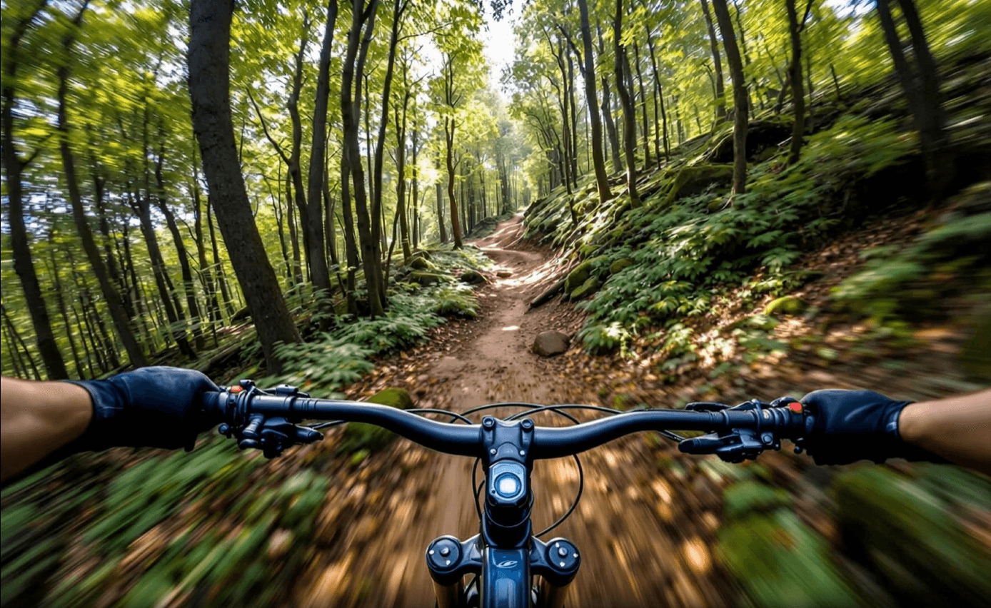 "First-person cinematic view of a mountain bike racing along a forest trail, captured as a dynamic, AI-generated sports shot.