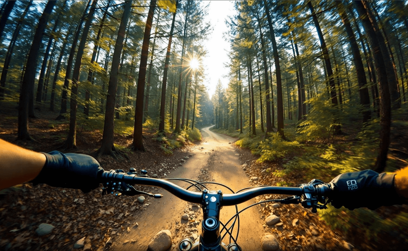 First-person cinematic view of a mountain bike speeding along a dirt trail through a forest, captured as a dynamic, AI-generated sports frame.