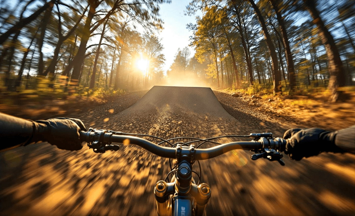 First-person cinematic view of a mountain bike speeding toward a dirt ramp for a jump, rendered as a dynamic, AI-generated sports frame.