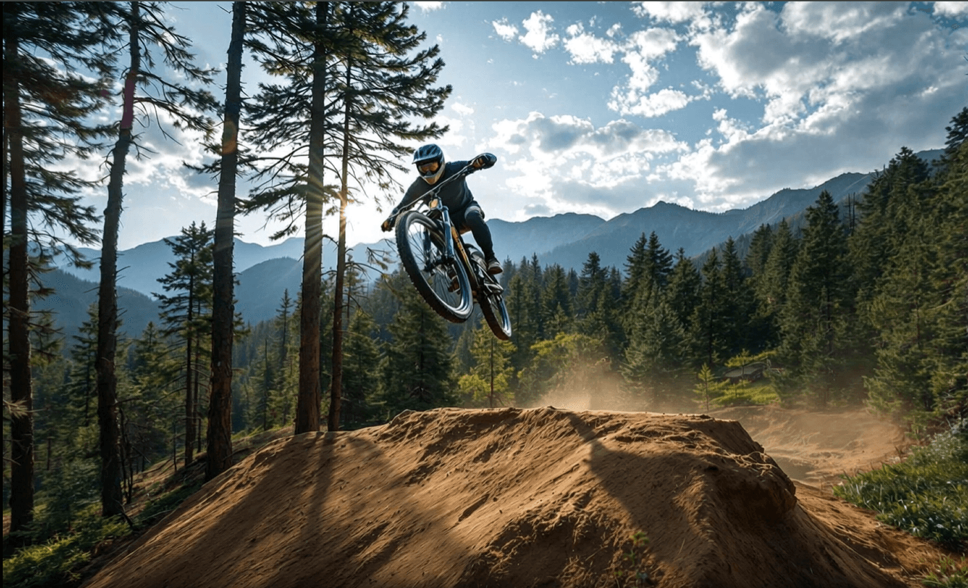 Mountain biker soaring mid-air over a dirt ramp, captured as a dynamic, AI-generated cinematic sports frame.