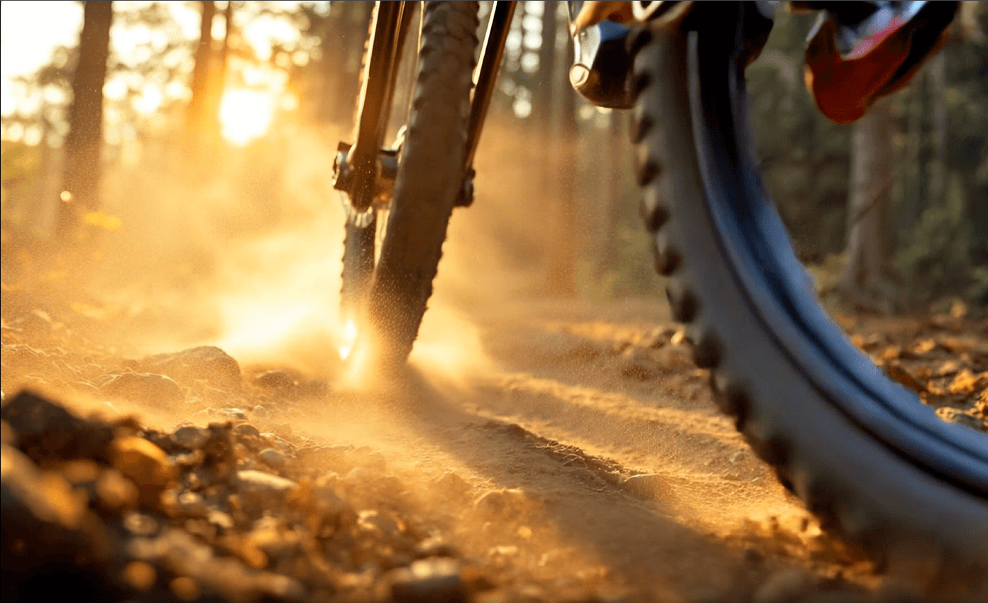 Close-up of a mountain-bike's wheels on a dirt trail, AI-generated cinematic sports frame.