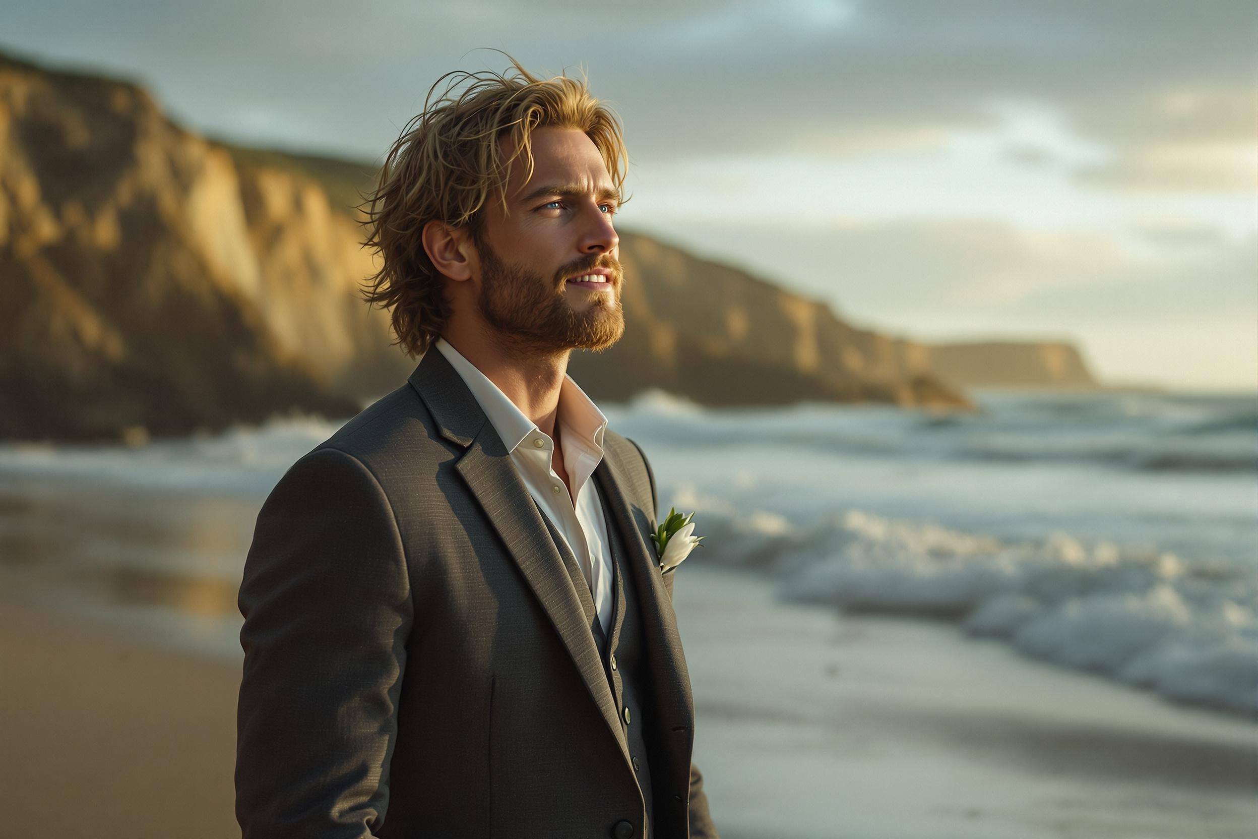 A man with shoulder-length blonde hair and a trimmed beard staring at the ocean on a beach surrounded by cliffs. He is wearing a charcoal gray suit, with charcoal gray vest. His white button-up shirt is open at the top two buttons. He has a flower in his pocket.