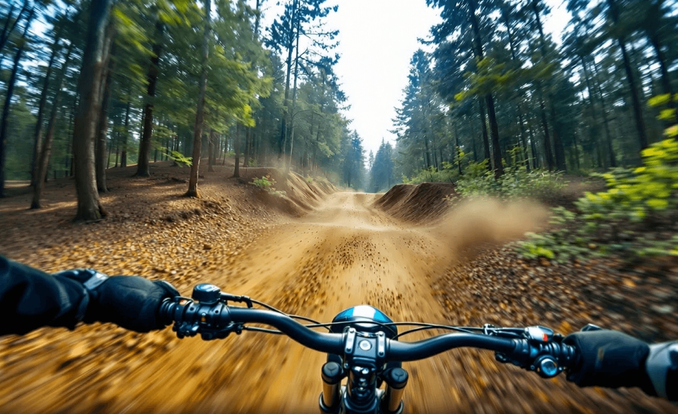 First-person cinematic view of a mountain bike racing down a bumpy dirt competition trail, rendered as a dynamic, AI-generated sports frame