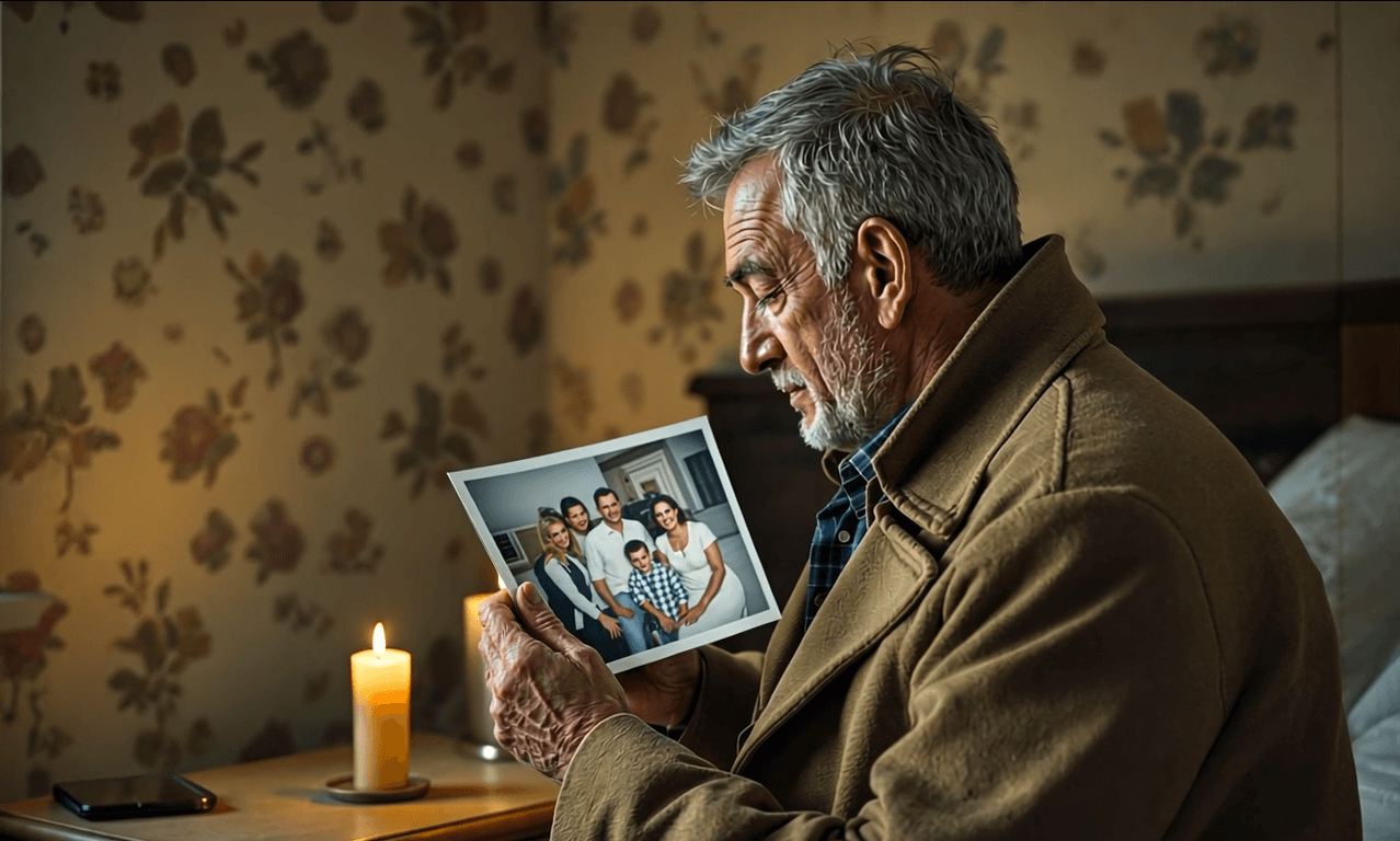 Middle-aged man in a long coat silently holding a photo, tear on his cheek, as a candle flickers in a dim, quiet room.