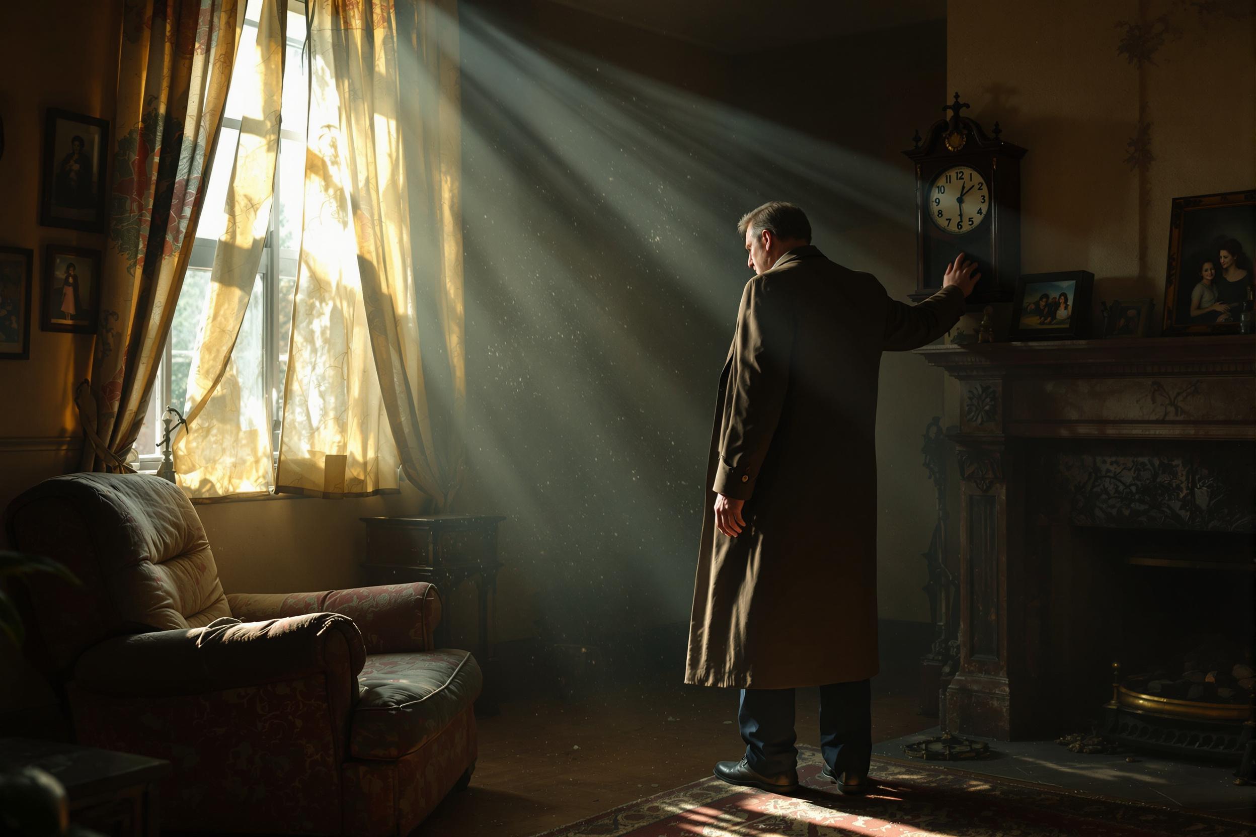 Middle-aged man walking through a dusty, dim living room with faded photos, sunbeams, and a cold fireplace, pausing at a mantle photo.