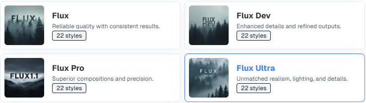 Screenshot of Flux Model variants available on CopyCopter.AI