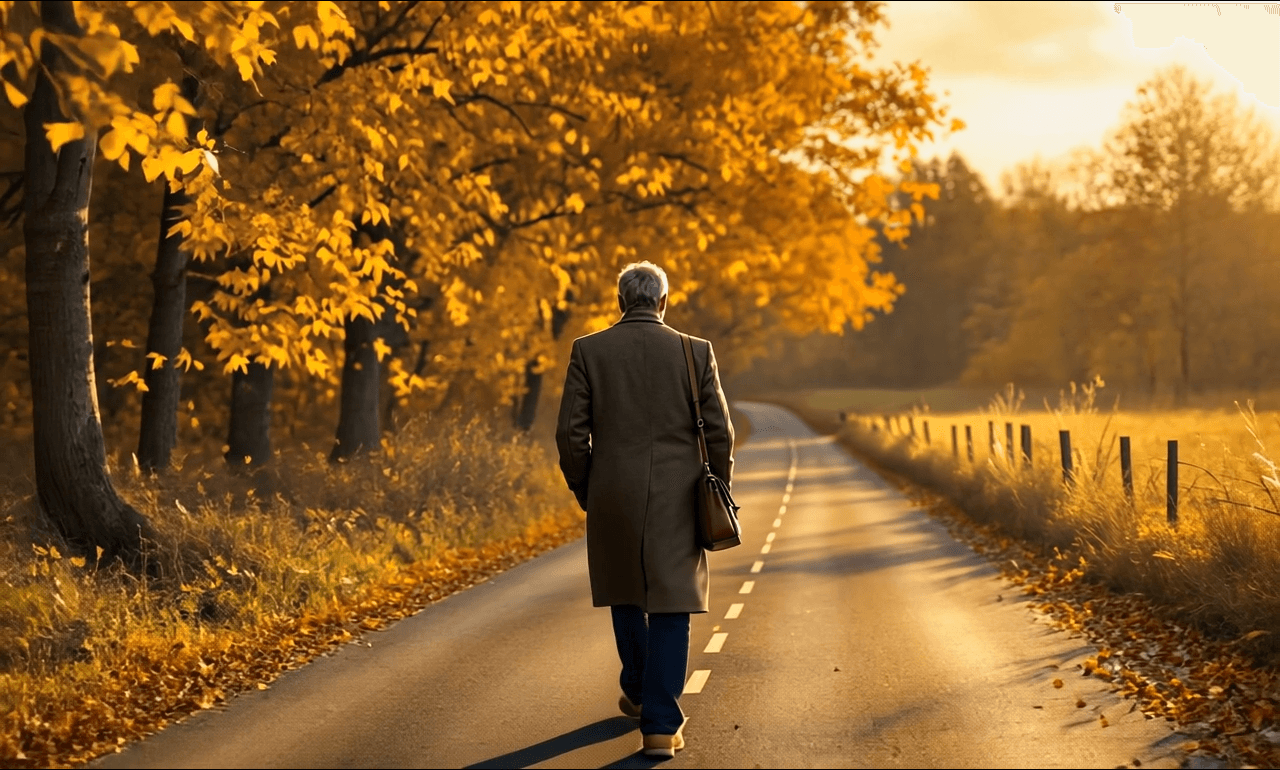 Middle-aged man walking alone on a country road at sunset, autumn leaves falling, nostalgic golden-hour glow.