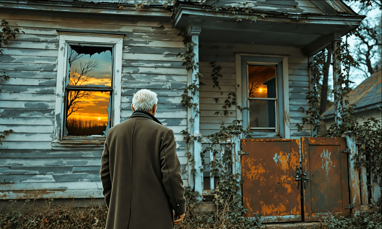 Middle-aged man standing before an abandoned wooden house with peeling paint and overgrown yard at sunset, gazing in silence