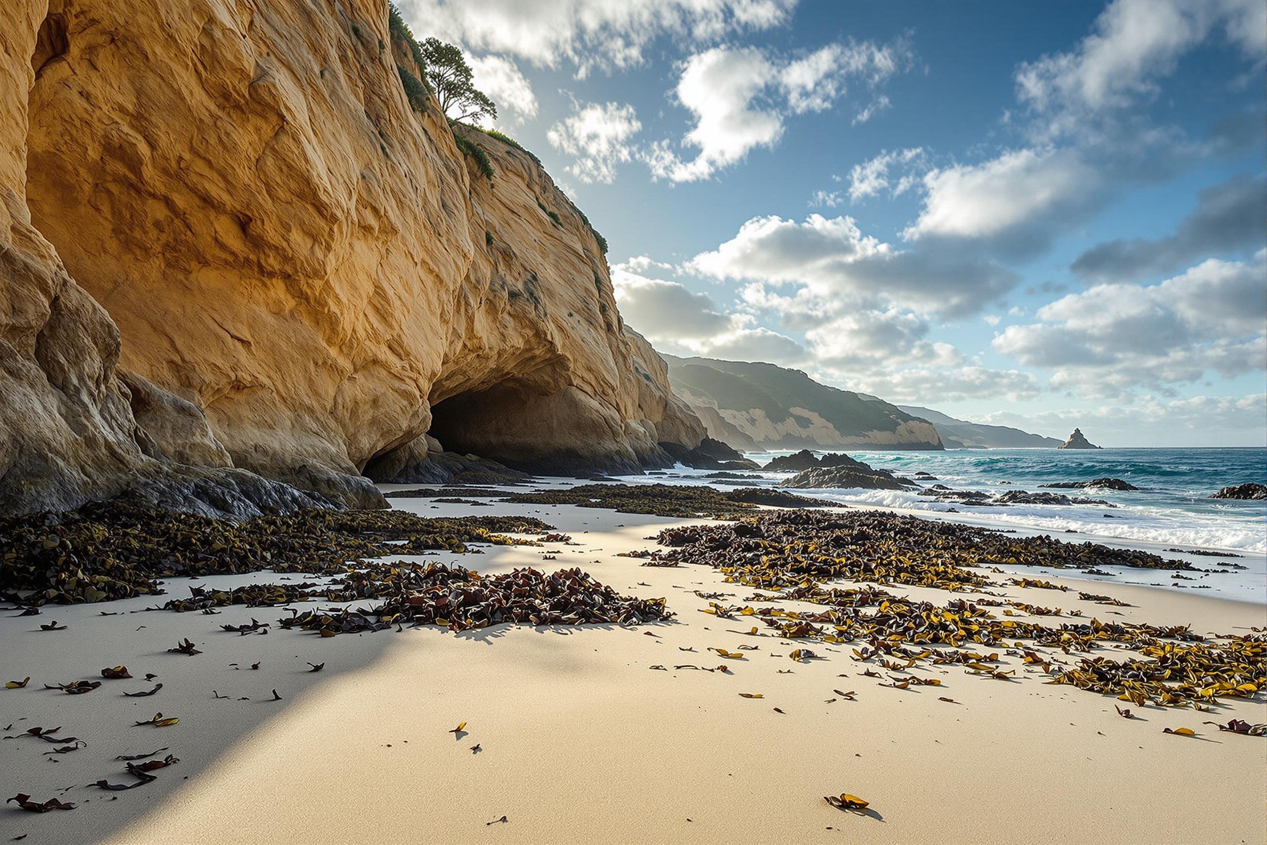 A landscape image of a beach at sunrise with cliffs and a small cave. Kelp is washed up in patches on the shore.