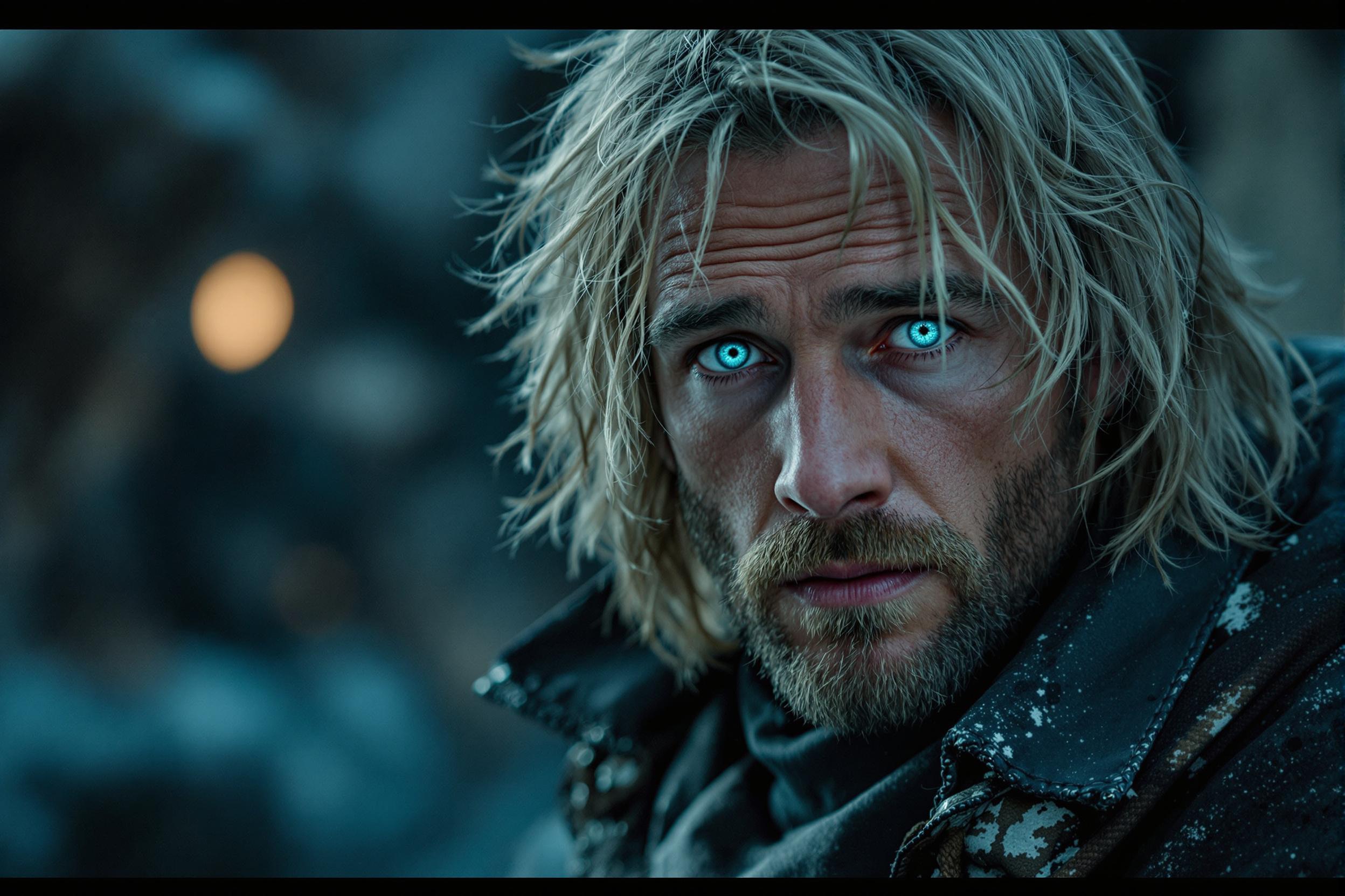 A man with shoulder length blonde hair and icy blue eyes. He's wearing a dark coat with visible snow on the lapels.