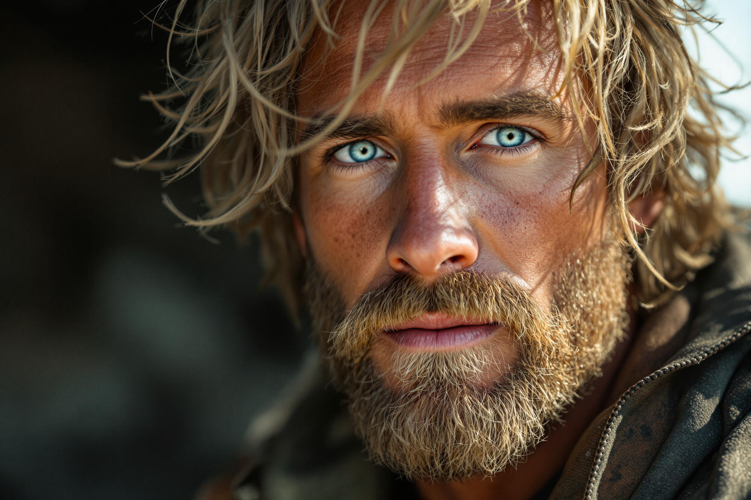 Close-up portrait of a man with wild, shoulder-length blonde hair, a trimmed beard, and icy blue eyes.