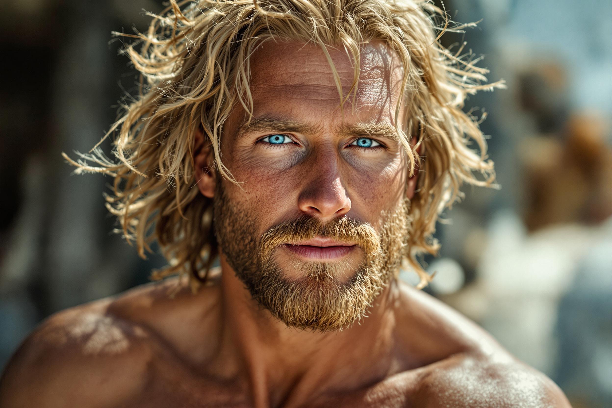 Portrait of a man with shoulder-length wild blonde hair, his skin weathered and tanned by his time in the sun. His chest and shoulders are bare.