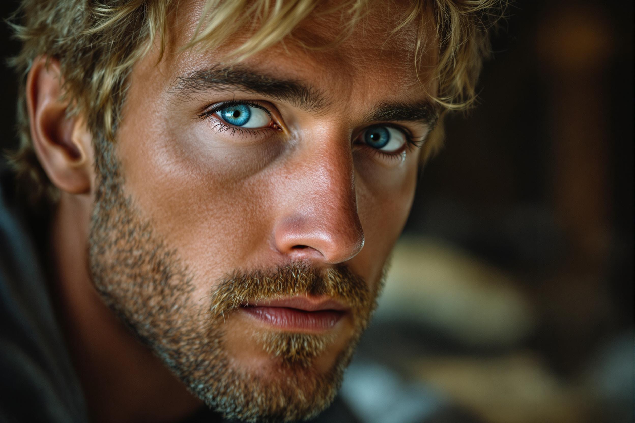A close-up of a short-haired blonde man with icy blue eyes with light stubble.