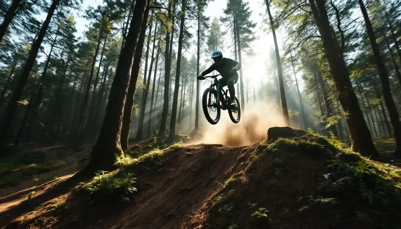 Mountain biker mid-air over dirt trail, AI-generated cinematic sports frame